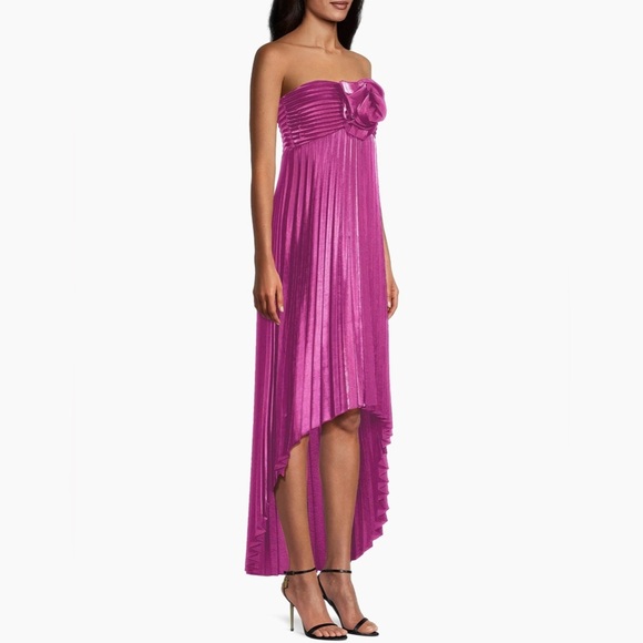 One33 Social Rosette Pleated Strapless High-Low Midi Dress Fuscia Size 2 | Galm - Picture 3 of 6